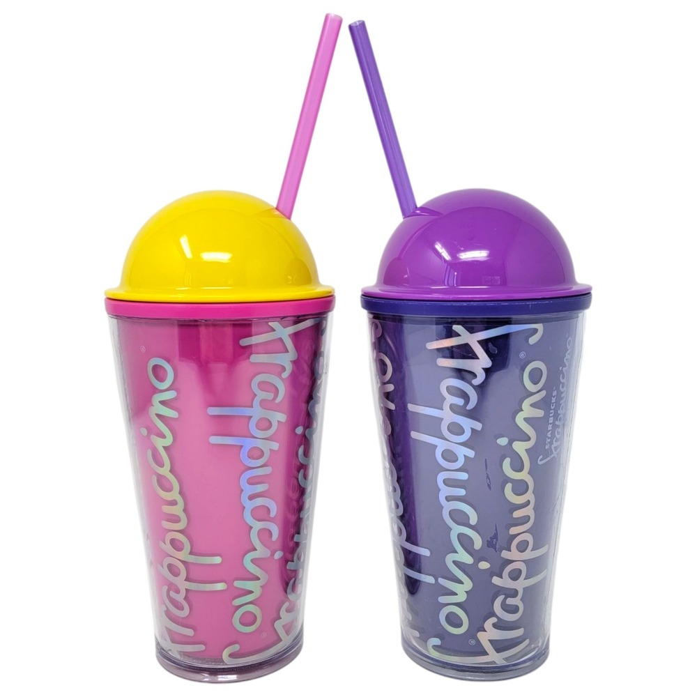 2 x Starbucks Frappuccino Set Purple Hot Pink Fuchsia  Holographic 16oz Tumblers